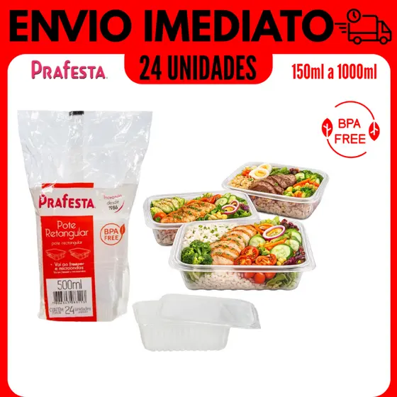 KIT POTE MARMITA DESCARTÁVEL FREEZER MICROONDAS FITNESS COMIDA CONGELADA PRAFESTA 24/48 UNIDADES POTE RETANGULAR