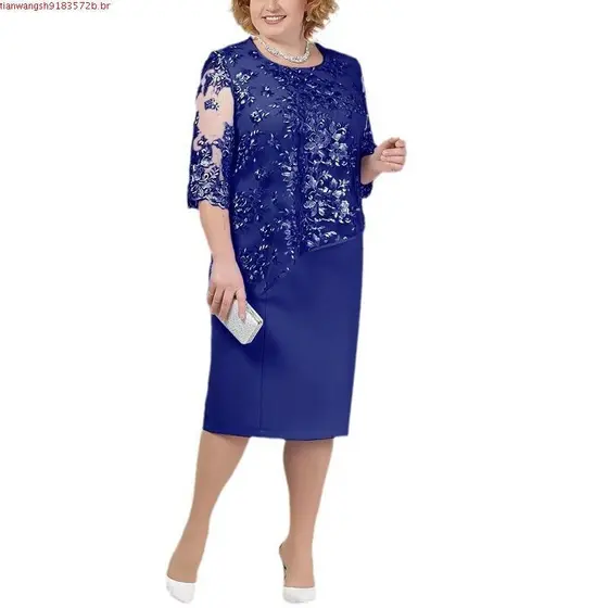 Ay Plus Size Vestido Midi Floral De Renda Em Camadas Para Mãe / Noiva / Festa