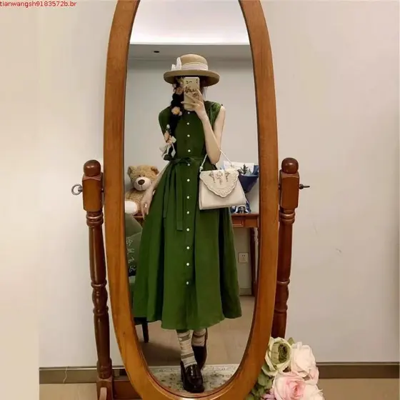Vestido Csa Verde Sem Mangas Feminino , Midi Com Botão Na Cintura Casual Elegante De Verão Para Uso Diário