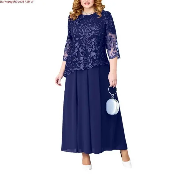Vestido Longo Plus Size Chiffon Bordado Floral Renda Maxi Elegante Manga Redonda 3/4