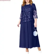 Vestido Longo Plus Size Chiffon Bordado Floral Renda Maxi Elegante Manga Redonda 3/4