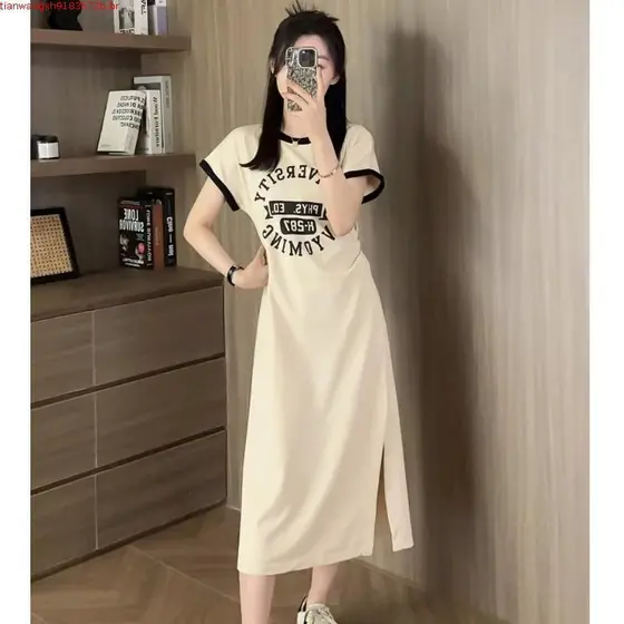 Tamanho grande roupas femininas cor-bloqueando puro algodão cseta vestido verão pequeno gordura mm capa barriga mais