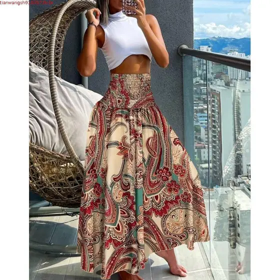 2024 Saia de cintura alta de outono de cintura alta saia feminina de cintura grande Moda Floral Impressão Praia Estilo