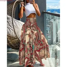 2024 Saia de cintura alta de outono de cintura alta saia feminina de cintura grande Moda Floral Impressão Praia Estilo