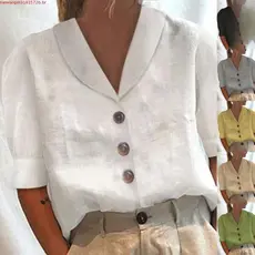 2024 Nova camisa feminina com gola abotoada casual de mangas compridas e curtas algodão blusa de linho puro feminino