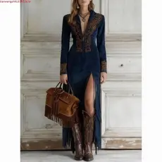 Vestido Longo Feminino Vintage Estilo Étnico com Franjas e Zíper Floral