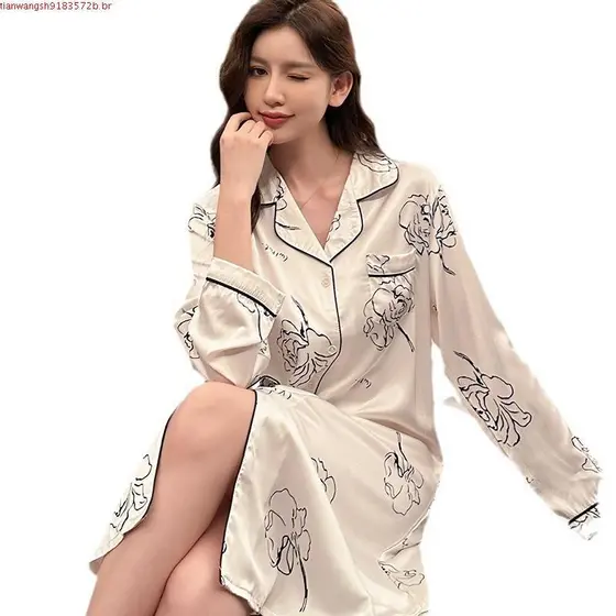 Vestido De Noite Pijama De Seda Manga Comprida Dormir Mulher Cetim Listras Soltas M-3XL