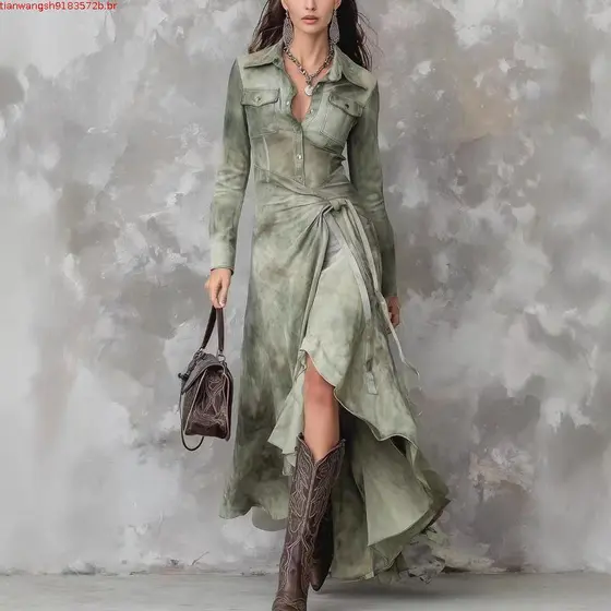Vestido Csa Estampado Feminino Manga Comprida Maxi Retrô Vintage Férias Casual