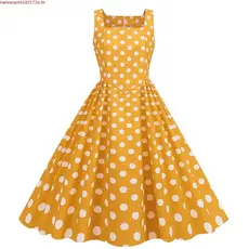 Vestido Feminino Com Estampa De Pontos Retrô Swing Casual Vestidos De Festa Vintage 50s 60s Verão Manga Curta