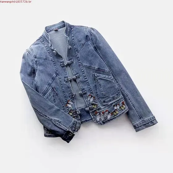 Jaqueta jeans curta vintage chinoiserie bordado stretch jaqueta feminina primavera e outono combina com tudo moda Haraj