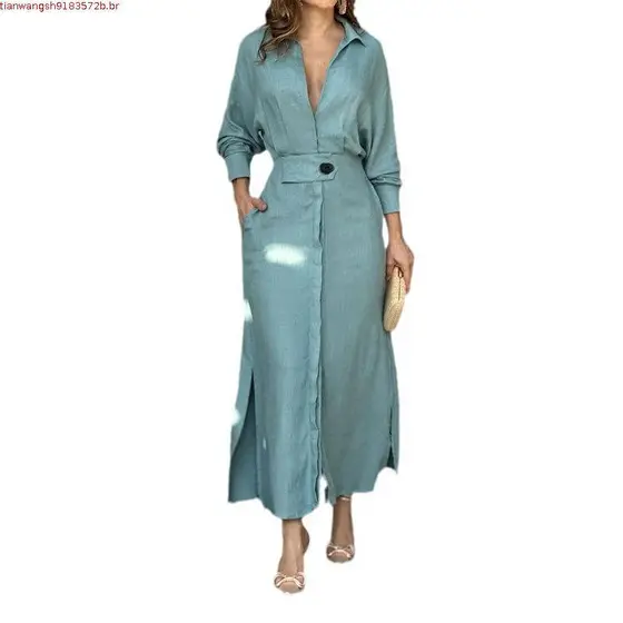 Popular primavera novo estilo elegante Commuter csa com decote em V cor sólida saia longa vestido roupas femininas