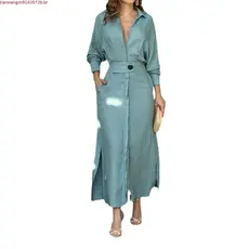 Popular primavera novo estilo elegante Commuter csa com decote em V cor sólida saia longa vestido roupas femininas