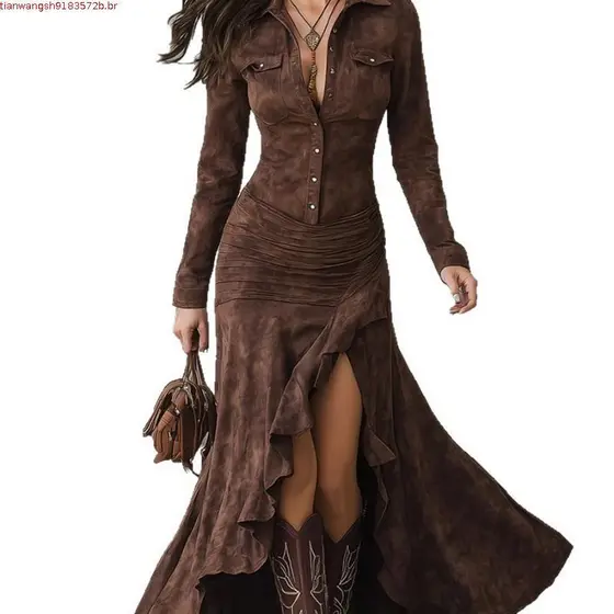 2025 Vestido Longo de Outono Inverno Estilo Retro Britânico Slim Fit com Zíper e Gola Alta para Mulheres