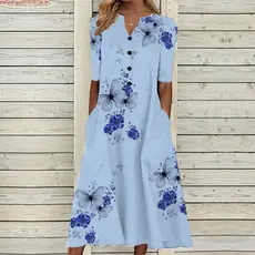 Vestidos De Moda Floral Impressos Longos Para Mulheres Meia Manga De Verão Com Em V De Bolso Casual Solto