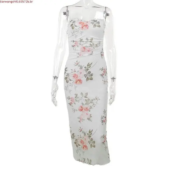 Vestido Longo Sem Mangas com Alças Finas e Estampa Floral para Mulheres, Verão 2023, Vestidos Elegantes para Festa com D