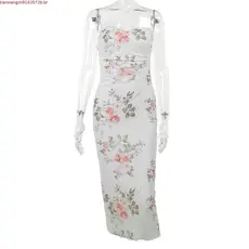 Vestido Longo Sem Mangas com Alças Finas e Estampa Floral para Mulheres, Verão 2023, Vestidos Elegantes para Festa com D