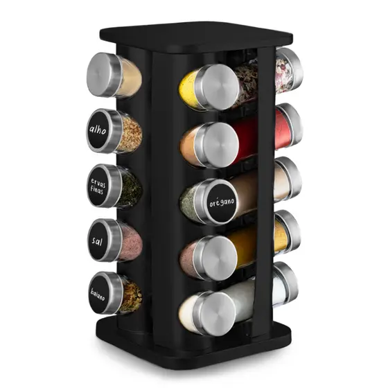 Porta Tempero Giratório 20 Potes Vidro Preto Organizador de Condimentos Cozinha 360° Inox