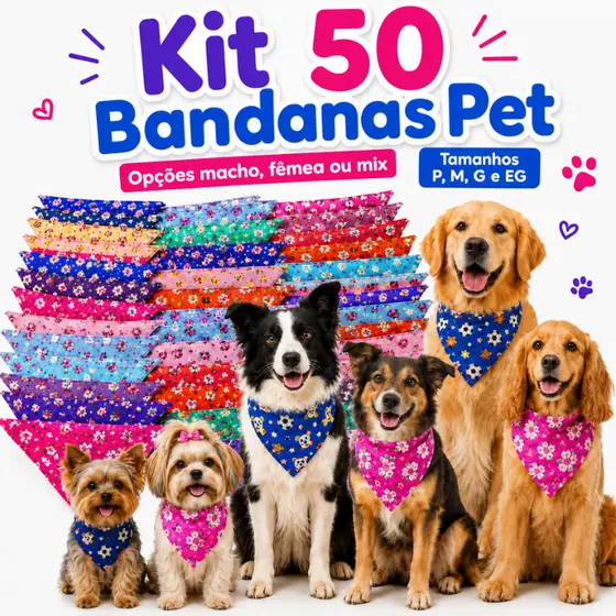 50 Bandanas PET ATACADO para Cães e Gatos Pet Shop Tecido TECTEL SUBLIMADO - Tamanho P, M, G E GG