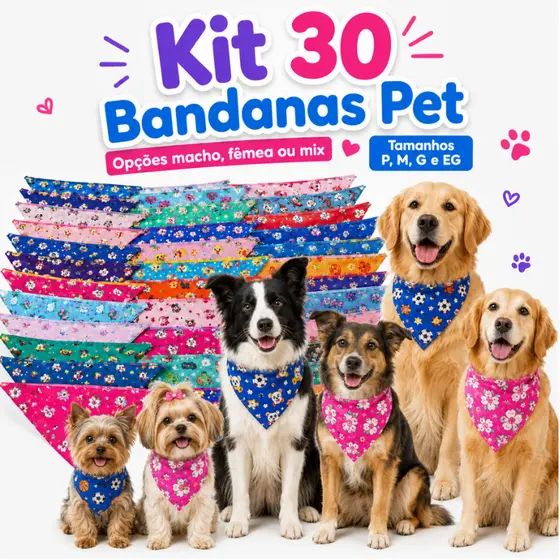 Kit 30 Bandanas Pet Costuradas Lacinhos Pet Tamanhos P M G EG Para Cães e Gatos Atacado Banho&Tosa
