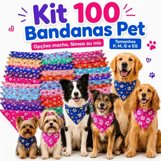 Kit 100 Bandanas Pet Costuradas Lacinhos Pet Tamanhos P M G EG Para Cães e Gatos Atacado Banho&Tosa