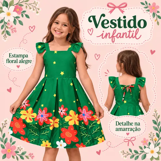 Vestido Infantil Menina Estampado Princesa Alegre Confortável para Festa e Passeio