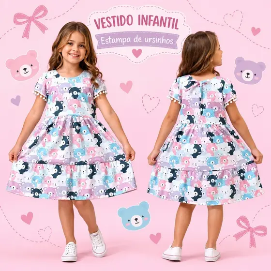 Vestido Infantil Menina Princesa Urso Colorido Alegre Casual Festa Aniversário Moda Baby