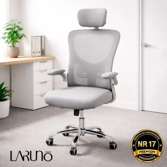 Cadeira de Escritório Presidente Ultra Ergonômica LARUNO Alto Padrão Luxo Espuma Certificada Homologada NR17 Cinza