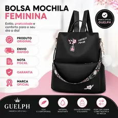 Bolsa Mochila Feminina Guelph Casual Escolar Faculdade Passeio 12L Preta com Alça Transversal