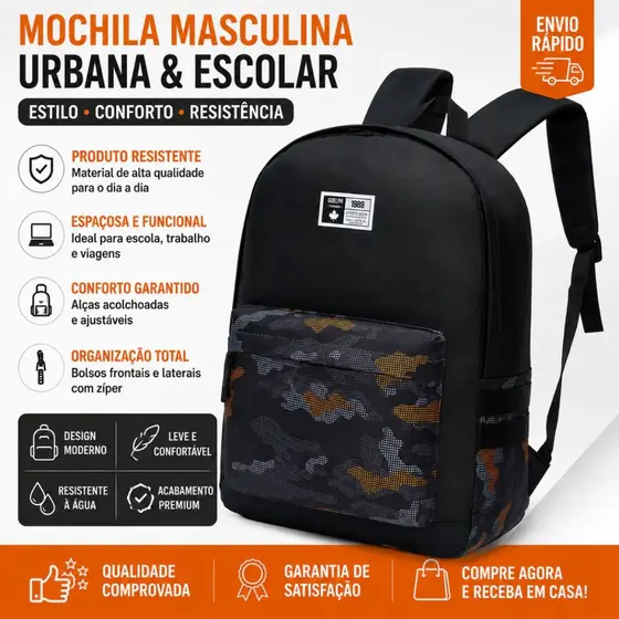 Mochila Masculina Guelph Escolar Urbana Resistente 18L Notebook Faculdade Trabalho