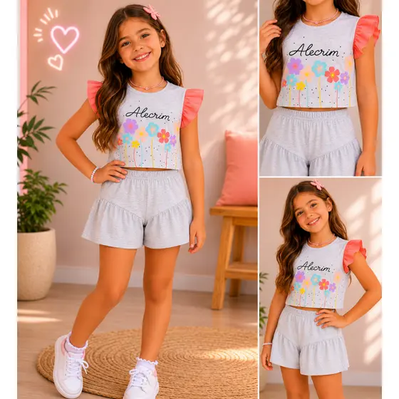 Conjunto Infantil Estampa Alecrim Blusa Manga Franzida e Bermuda com Recorte e Franzido