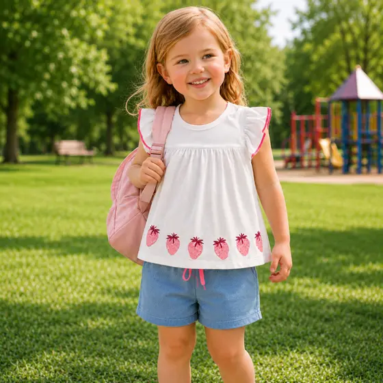 Conjunto Infantil Blusa Meia Malha com Estampa de Morangos e Shorts Moletinho