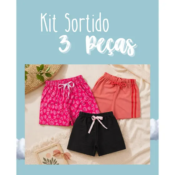 Kit 3 Shorts Infantil Menina Sortido Confortável Cós com Elástico Roupa Infantil Feminina 1 ao 12
