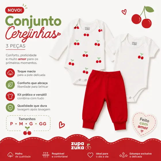 Kit Body Bebê 3 peças Cerejinha, Manga Longa, Manga Curta e Calça Roupas de Bebê Conjunto de Bebê
