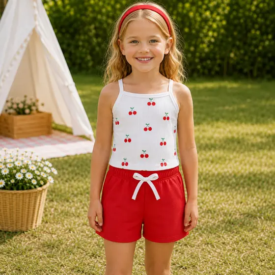 Conjunto Infantil Verão Blusa Canelada de Alça com Estampa Cerejinha e Bermuda Moletinho