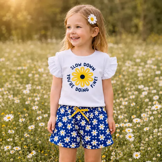 Conjunto Infantil Menina Blusa Meia Malha com Estampa e Bermuda em Poliflex Estampada Verão