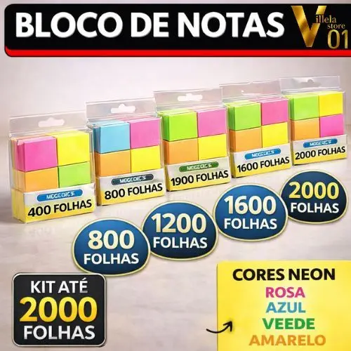 KITS COM 400, 800, 1200, 1600 e 2000 FOLHAS BLOCO ADESIVO POST ANOTACAO 37,5X50MM NEON PAPE AULAS