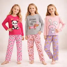 Kit 3 Pijamas Infantis Menina Inverno 100% Algodão Manga Longa 3 Conjuntos Roupa de Dormir 1 ao 14 Anos