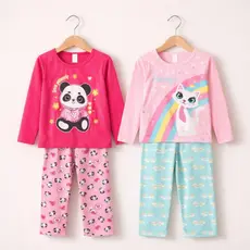 Kit Pijama Infantil Inverno 2 Conjuntos 100% Algodão Manga Longa Roupa de Dormir Menina