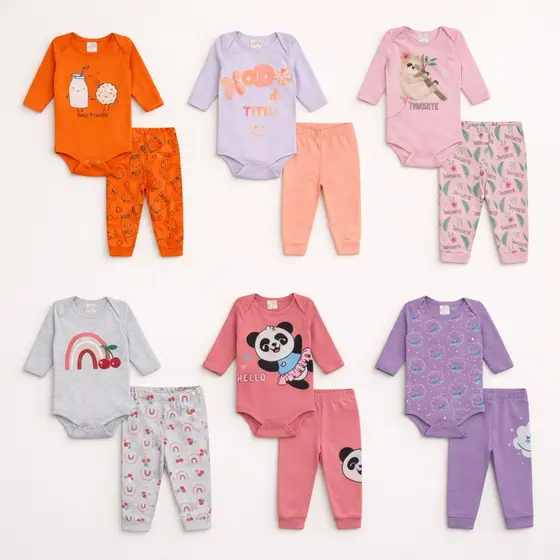 Kit Body e Calça Bebê Menina Inverno 10 Peças 5 Conjuntos Algodão Suedini Ribana RN ao GG