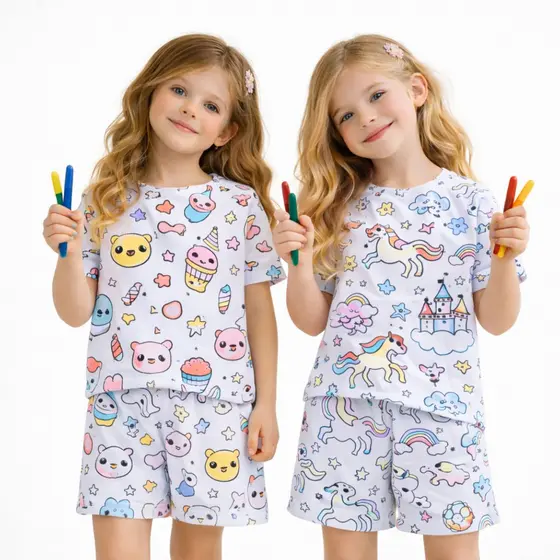Pijama Infantil Menina Para Pintar Kit com Canetinhas 2 a 14 Anos Short e Blusa Divertido Criativo
