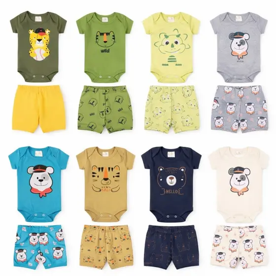 Kit 5 Conjuntos Bebê Body Manga Curta + Tapa Fralda 10 Peças Algodão Confortável Infantil menino