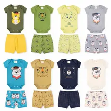 Kit 5 Conjuntos Bebê Body Manga Curta + Tapa Fralda 10 Peças Algodão Confortável Infantil menino