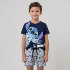 Pijama Infantil Menino Stitch Brilha no Escuro Azul Conjunto Curto 2 ao 12 Anos Roupa Dormir