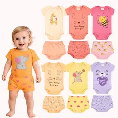 Kit Body Bebê Manga Curta com Shorts Tapa Fralda 12 Peças Algodão Suedine Verão