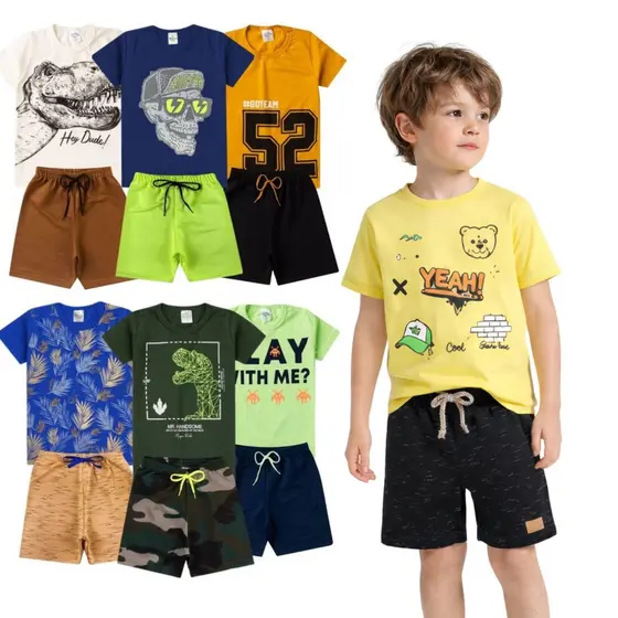 Kit Verão Infantil Masculino 5 Conjuntos 10 Peças Roupa Menino Camiseta Bermuda 1 a 10 Anos