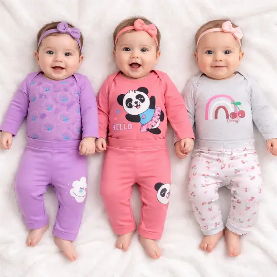 Kit 3 Conjuntos Bebê Menina Body Manga Longa e Calça RN ao GG Suedine Ribana Algodão