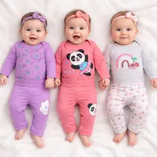 Kit 3 Conjuntos Bebê Menina Body Manga Longa e Calça RN ao GG Suedine Ribana Algodão