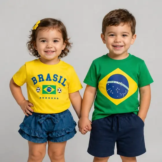 Kit 1 ou 2 Blusas Copa Brasil Infantil Amarelo Verde 100% Algodão Gola Redonda 2 a 14 Anos