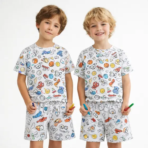Pijama Infantil Menino Para Pintar Kit com Canetinhas Lavável 2 a 14 Anos Short e Camiseta