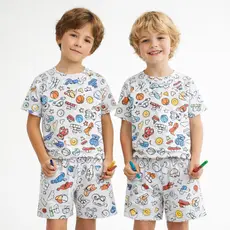 Pijama Infantil Menino Para Pintar Kit com Canetinhas Lavável 2 a 14 Anos Short e Camiseta